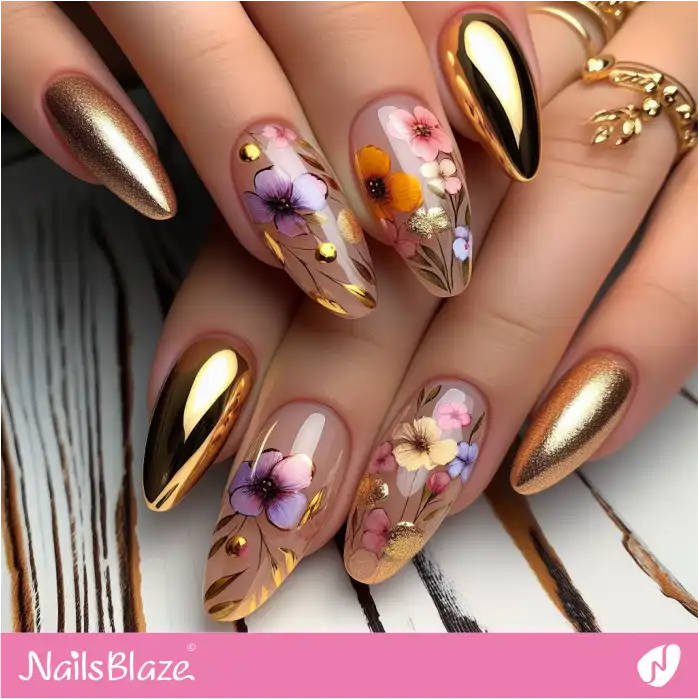 Luxury Gold Nails with Watercolor Flowers | Paint Nail Art - NB2255